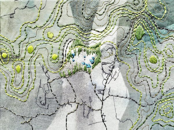 Black Mountain - <p>Spray paint, machine embroidery and hand embroidery on calico, 20 cm x 15,5 cm, 2025</p>
