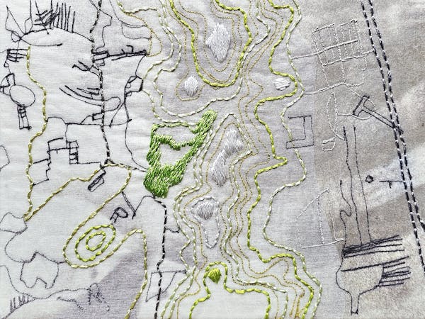 Pineapple Valley - <p>Spray paint, machine embroidery and hand embroidery on calico, 20 cm x 15,5 cm, 2025</p>
