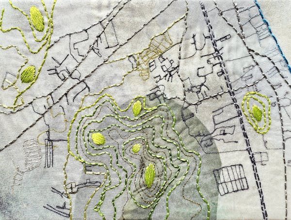 Nong Kae - <p>Spray paint, machine embroidery and hand embroidery on calico, 20 cm x 15,5 cm, 2025</p>
