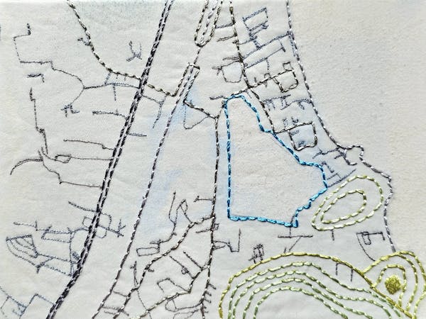 Khao Tao Reservoir - <p>Spray paint, machine embroidery and hand embroidery on calico, 20 cm x 15,5 cm, 2025</p>
