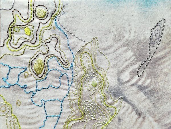 Sam Roi Yot - <p>Spray paint, machine embroidery and hand embroidery on calico, 20 cm x 15,5 cm, 2025</p>
