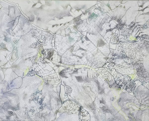 Tai Wan - <p>Spray paint, machine and hand embroidery on stretched calico, 105 cm x 85 cm, 2021</p>
